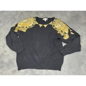 Victoria Harbour80s Shoulder Pads Black Sweater Size M with Gold Sequin and Bea
